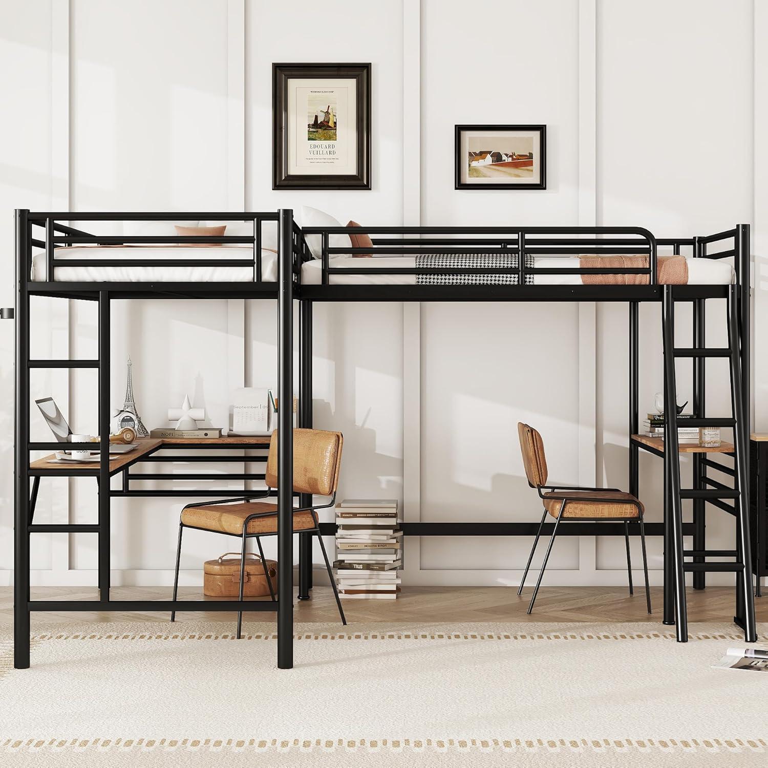 Mason & Marbles Double Twin Size Loft Beds, Metal L-Shaped Loft Bed Frame With Two Desk