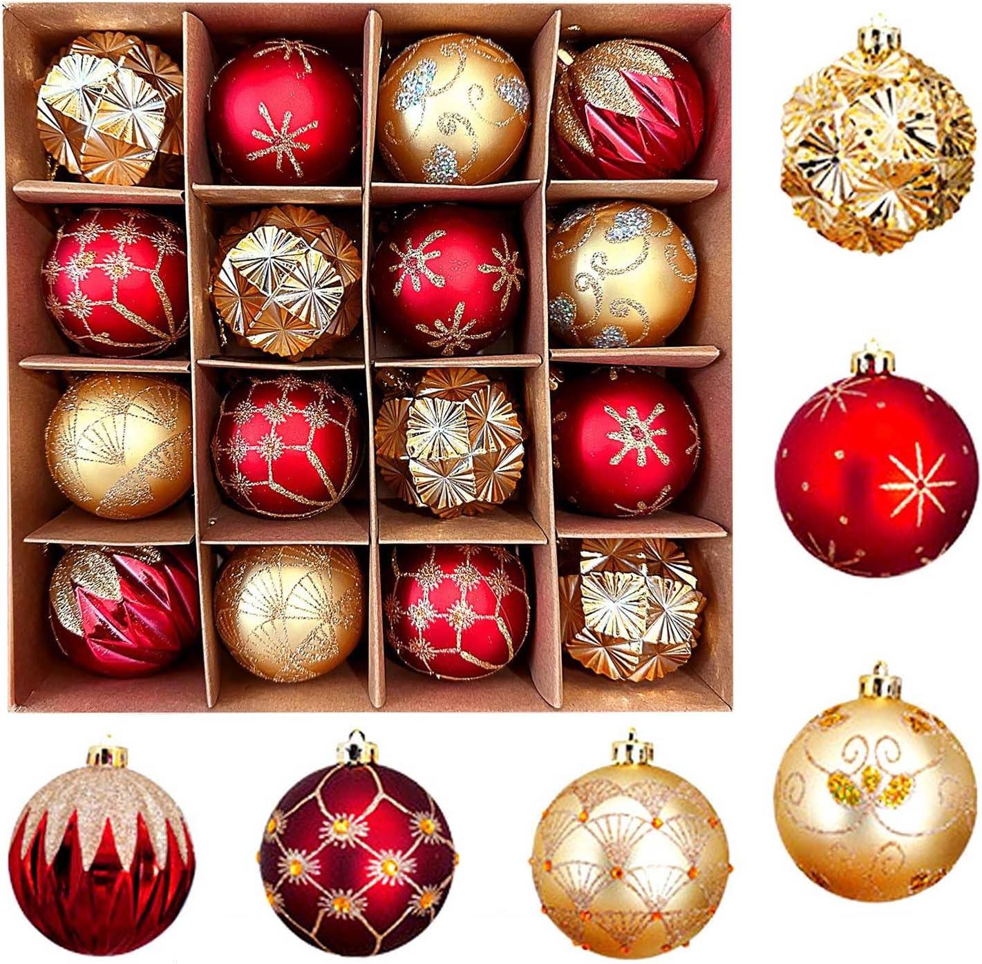 16 Pcs Christmas Ball Ornaments Set for Xmas Tree, 2.36" Red Gold Christmas Tree Ornaments, Shatterproof Plastic Hanging Holiday Balls for Home Decor Festive Christmas Party