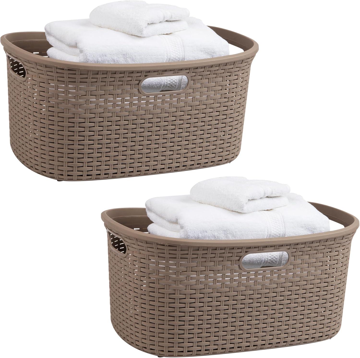 Mind Reader 40L Laundry Basket, Clothes Hamper, Lid, Wicker Design, Plastic, 23"L x 14.5"W x 11"H, Set of 2, Tan