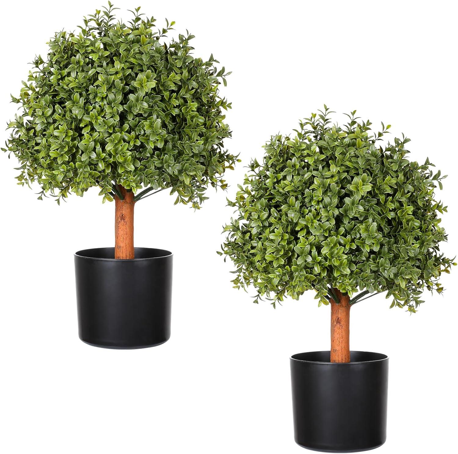 JepoIA Artificial Boxwood Topiary Tree Set of 2, Artificial UV Resistant Bushes, Faux Potted Tree, Plant in Pot w/Dried Moss, Fake Shrubs for Indoor, Front Porch, Outdoor, w/Orange Flower