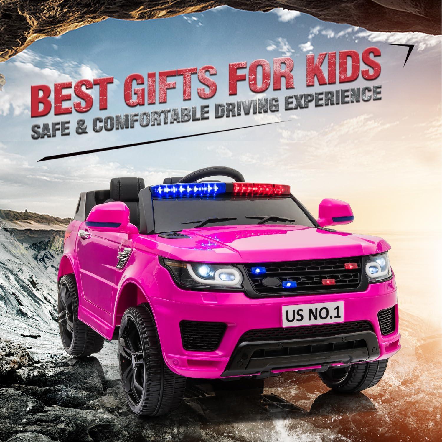 Hikids 12V Kid Ride On Police Cop Car with Parental Remote Control, Siren, Flashing Lights, Bluetooth, Music-Rose Red