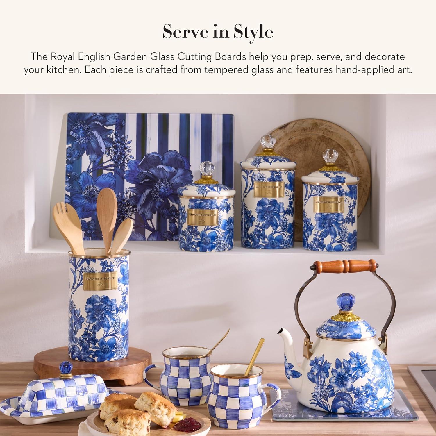 Royal Blue Floral Tempered Glass Rectangular Cutting Board Set