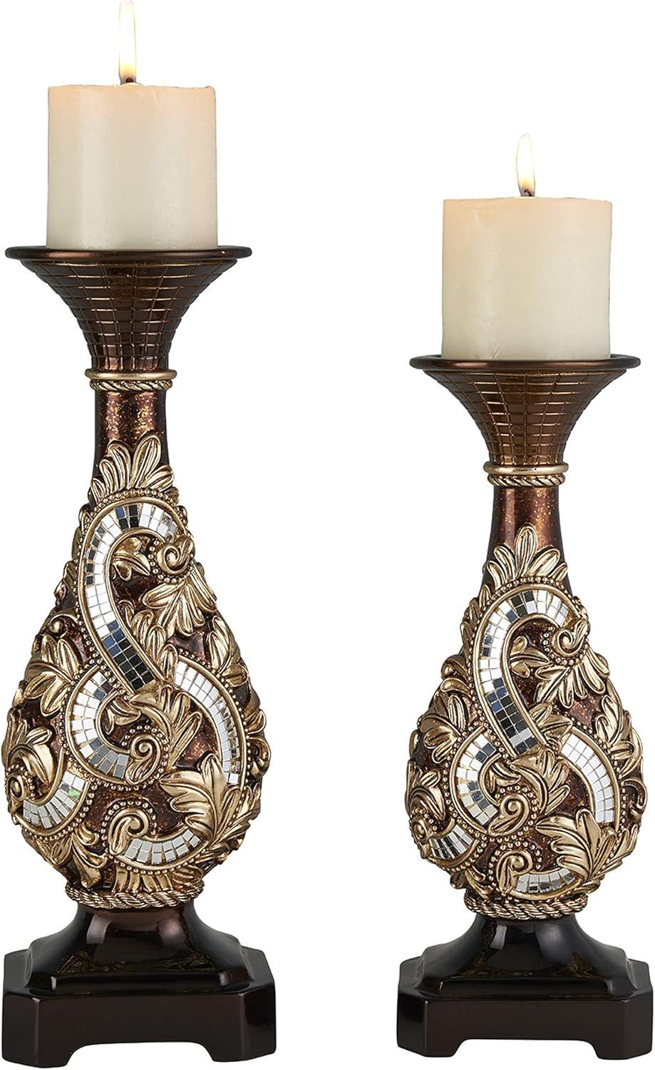 Daliyah 12"/14" Brown and Gold Polyresin Candleholder Set