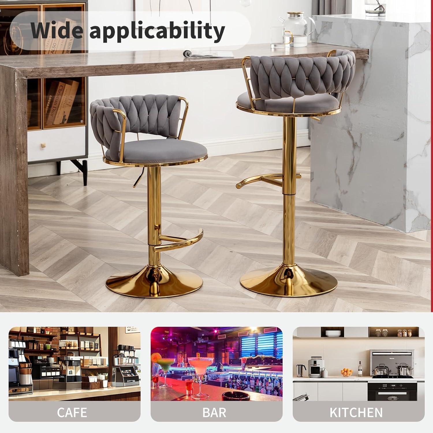 Velvet Bar Stools Set of 2, Counter Height Bar Stools with Low Back, Gold Swivel Barstools for Kitchen Island, Bar Pub (Grey)