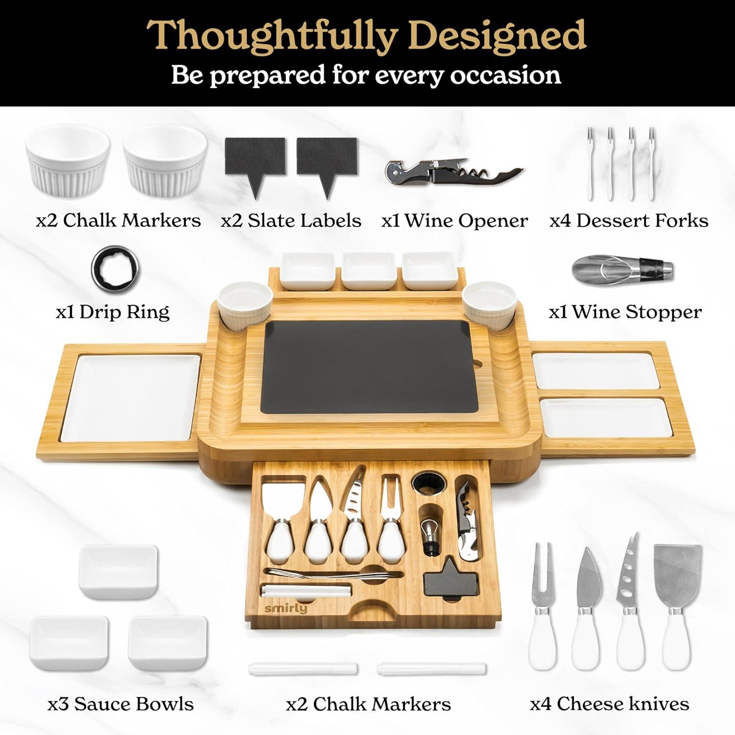 SMIRLY Bamboo Charcuterie Board Set Extra Large Cheese Board and Knife Set with Wood Tray