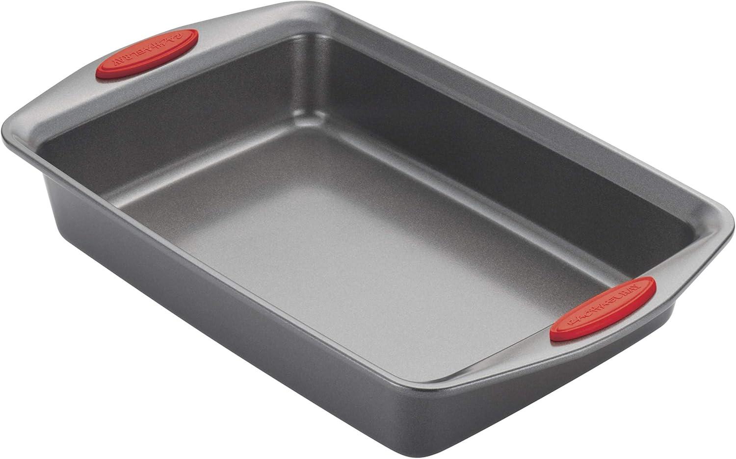 Gray Nonstick Rectangular Baking Pan with Red Silicone Grips