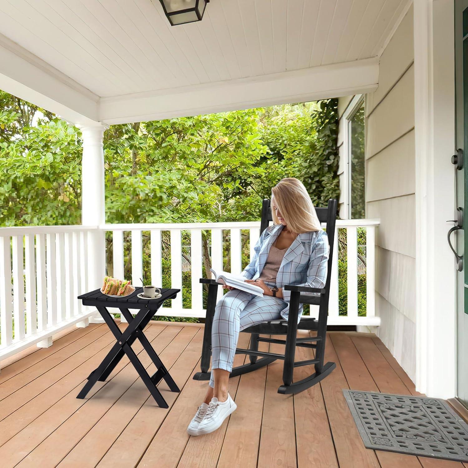 Comfortable Black Wooden Rocking Chair with Wavy Backboard - 68.5*86*115CM for Relaxation in Living Room or Patio
