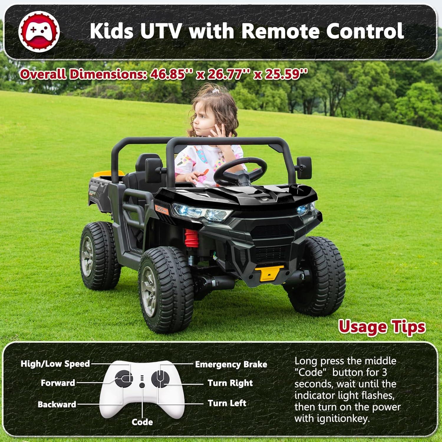4 Wheels 24V Ride on Dump Truck Toys 2 Seater Kids Ride On UTV Car with Remote Control,Electric Dump Bed