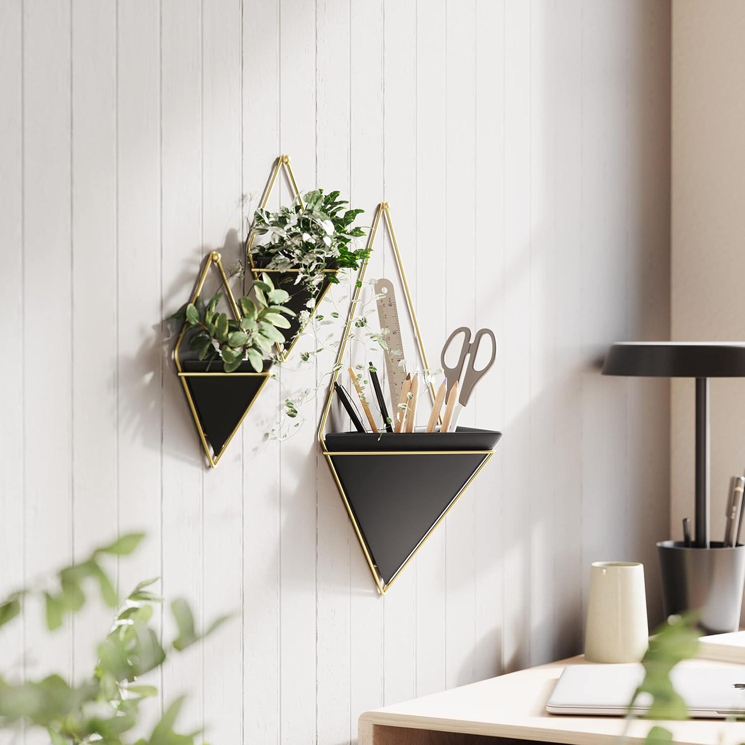 Small Black and Brass Geometric Hanging Planter Set