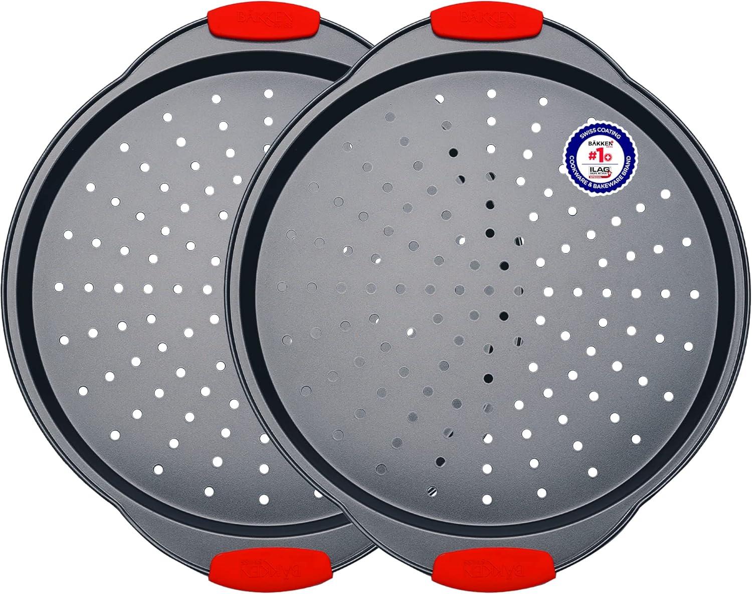 Non-Stick Carbon Steel Perforated Pizza Pans with Silicone Handles