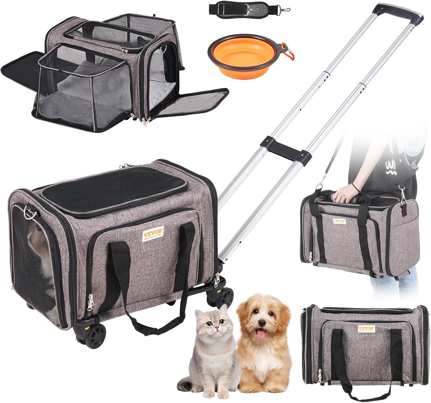 Large Gray Soft-Sided Rolling Pet Carrier with Telescopic Handle