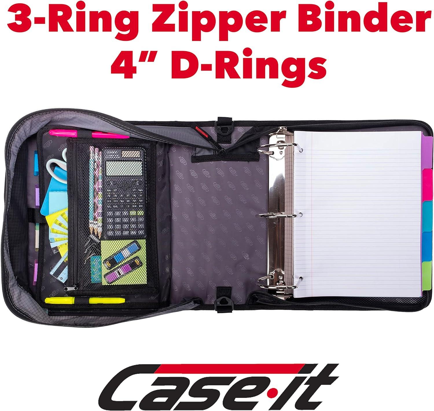 Case-it The King Sized Zip Tab Zipper Binder - 4 Inch D-Rings - 5 Subject File Folder - Multiple Pockets - 800 Sheet Capacity - Jet Black