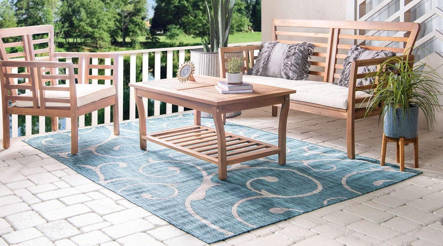 Teal Blue Synthetic 9' x 12' Easy-Care Outdoor Area Rug