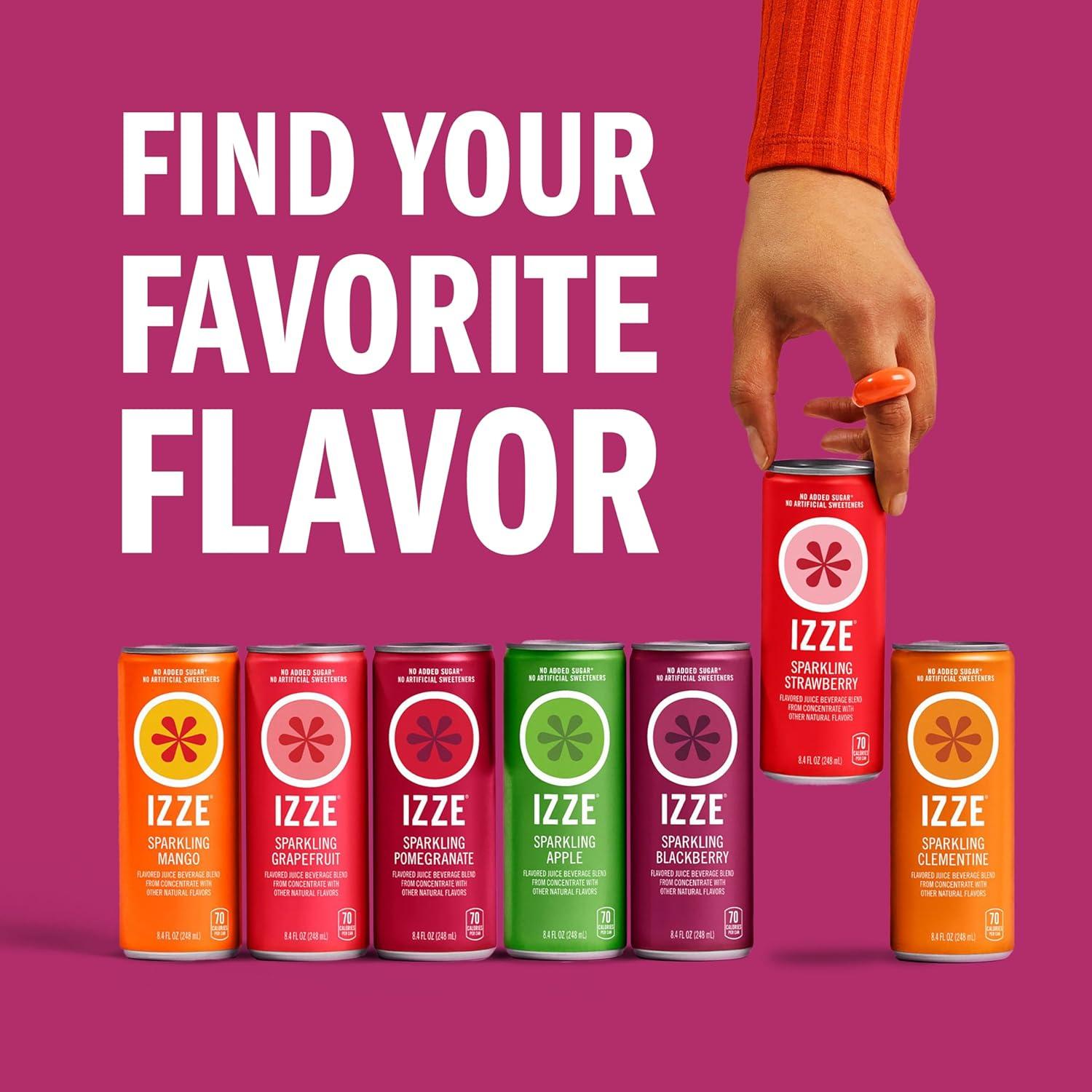 IZZE Sparkling Juice Beverage Blend, Variety Pack, Blackberry, Clementine, Apple, Grapefruit, No Sugar Added, 8.4 FL OZ, 24 Cans