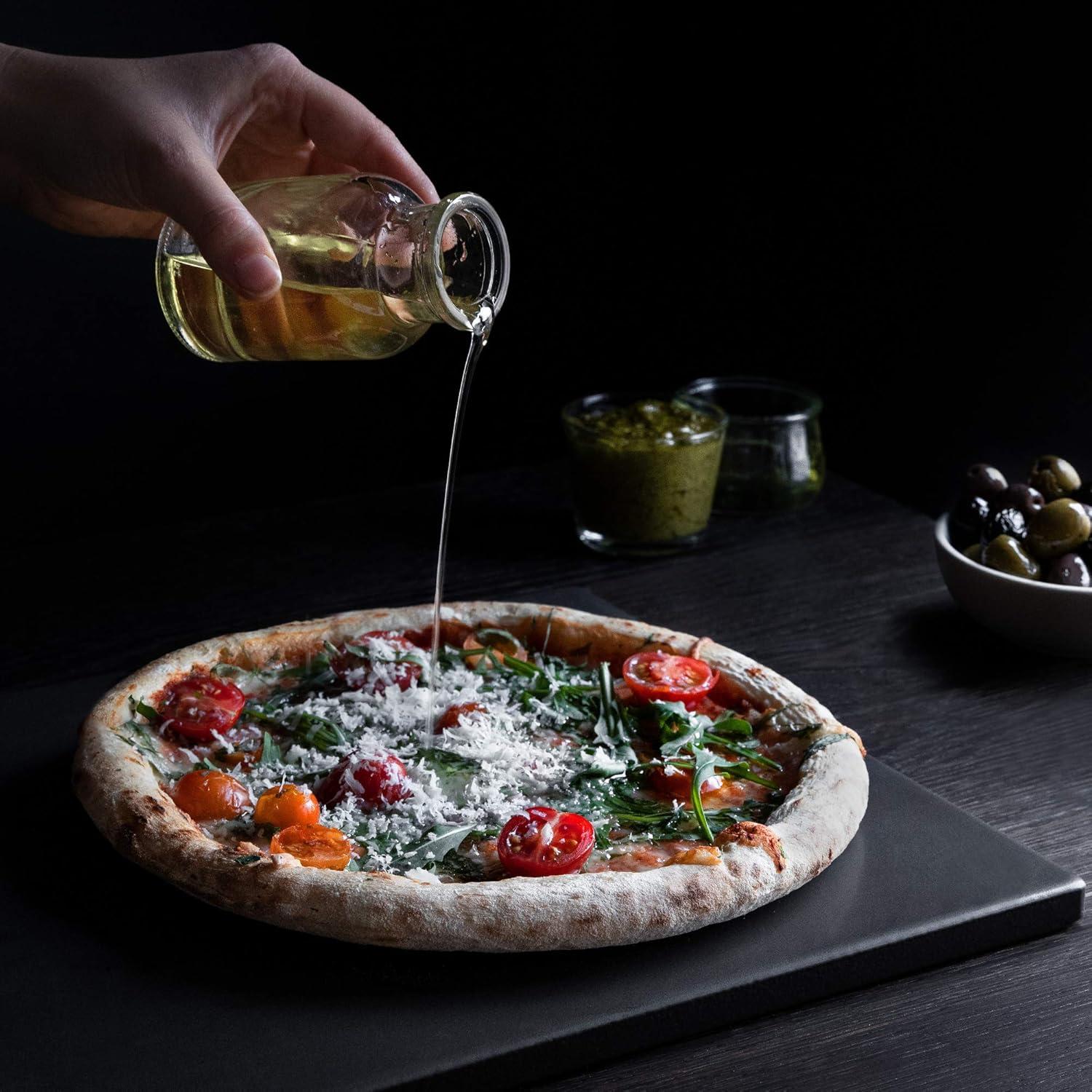 Navaris XL Pizza Stone for Baking - Glazed Square Cordierite Stone Plate for BBQ Grill Oven, Bake Serve Bread - Incl. Recipe Book - 15" x 11.8" x 0.6"