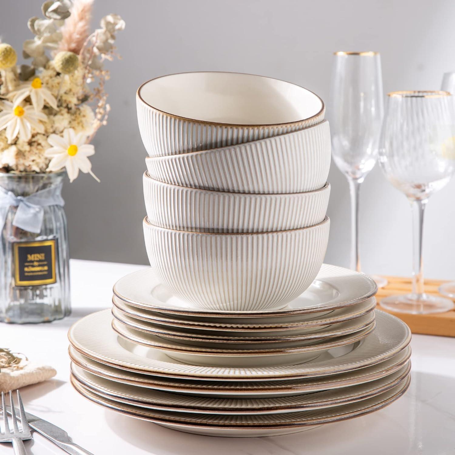 White Ceramic Embossed Dinnerware Set Service for 4