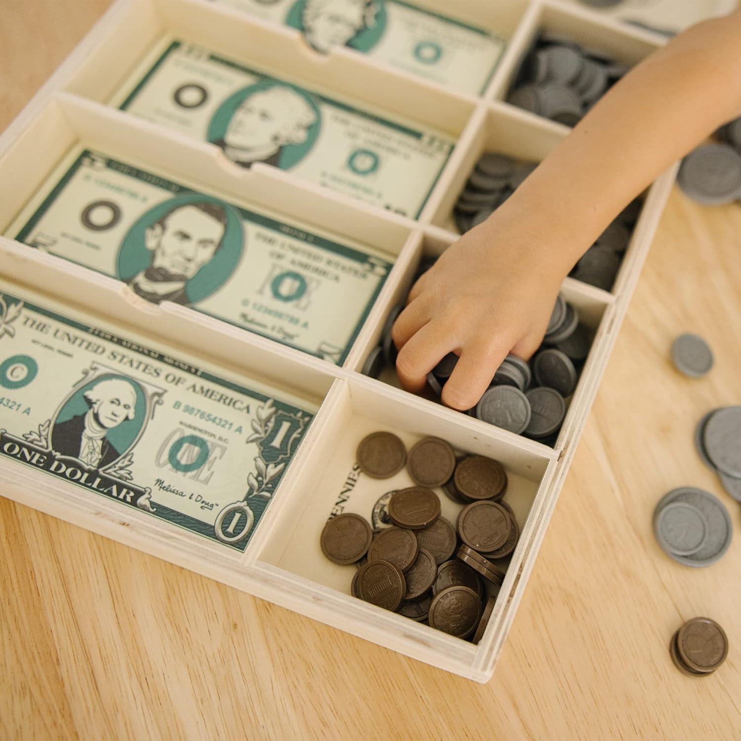 Melissa & Doug Play Money Set - Educational Toy With Paper Bills and Plastic Coins (50 of each denomination) and Wooden Cash Drawer for Storage