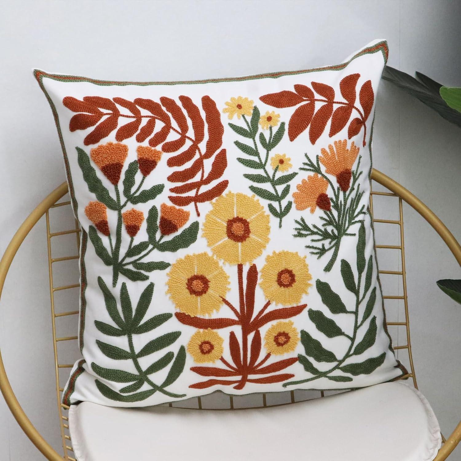 Set of 2 Embroidered Decorative Throw Pillow Covers Couch Square Pillowcases Cushion for Bedroom Sofa Farmhouse Decor 18x18 Inch (Dandelion Flower)