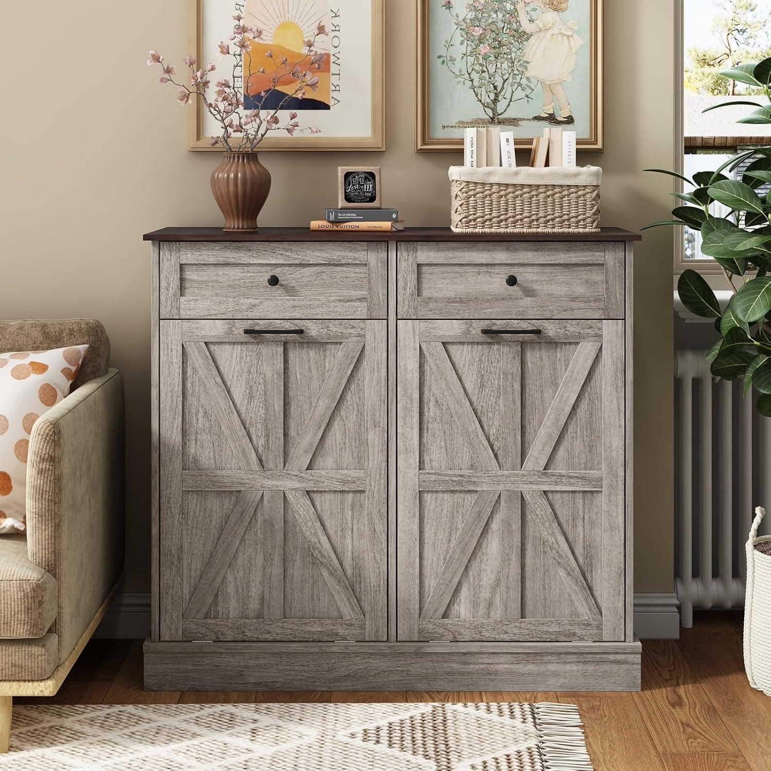 Vabches Kitchen Double Tilt Out Trash Cabinet, Hidden Storage Cabinet with 2 Drawers, Wash Grey