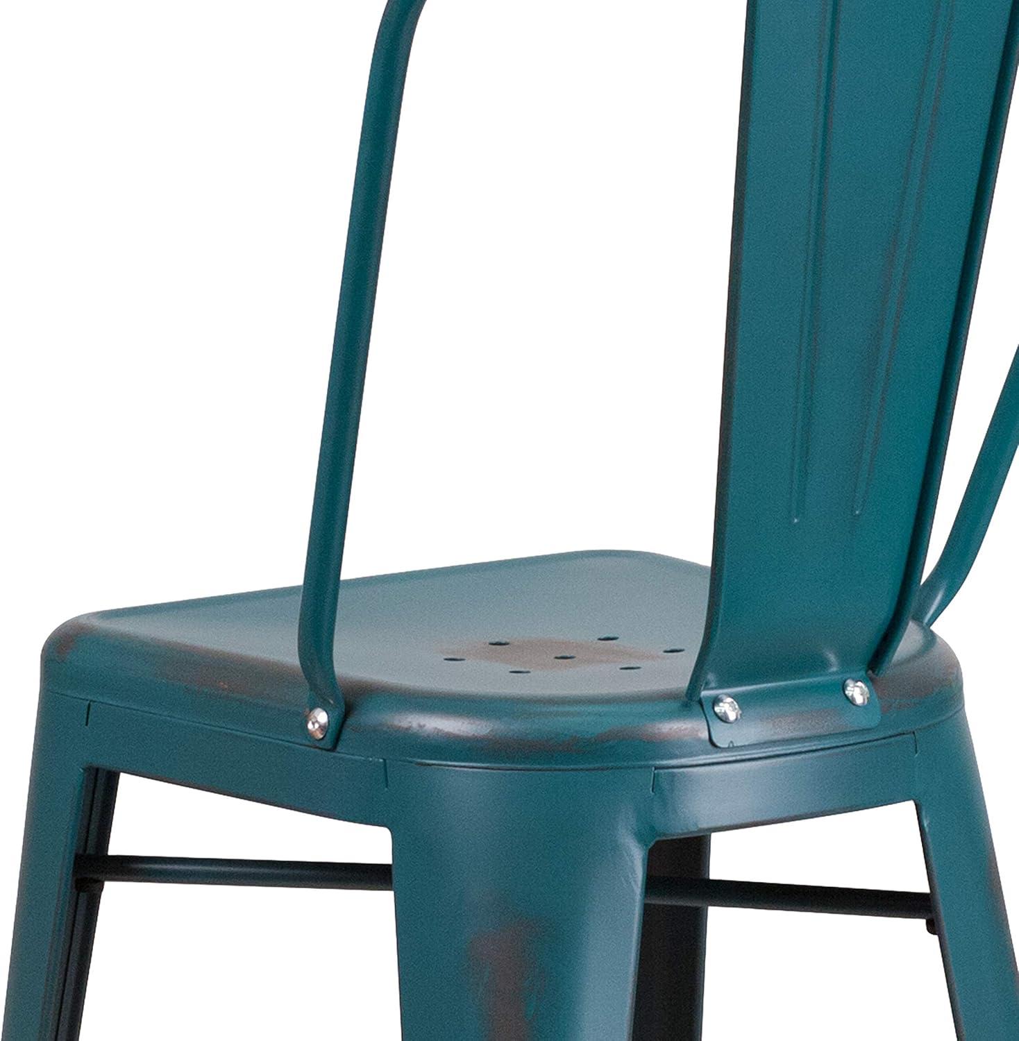 Flash Furniture Commercial Grade 30" High Distressed Kelly Blue-Teal Metal Indoor-Outdoor Barstool with Back