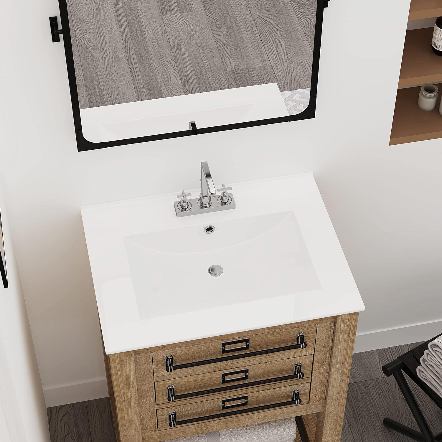 MEJE 24x18 inch Drop In Rectanglar 3 Holes Bathroom Sink, Vanity Top Only, White Glossy Finish