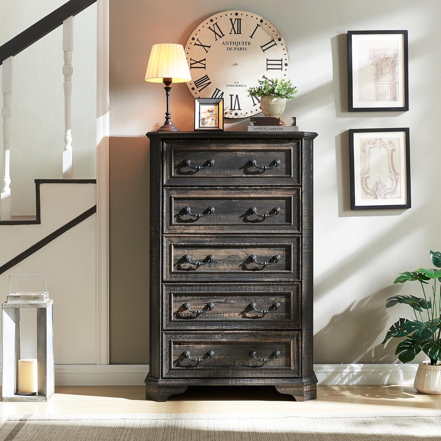 Dark Rustic Oak Farmhouse 5-Drawer Vertical Wood Dresser