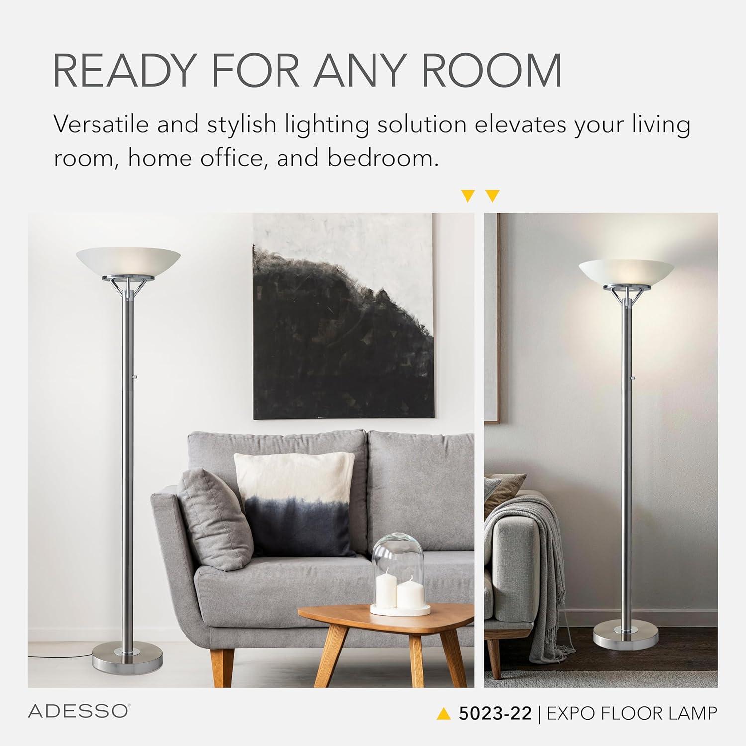 71.5" Expo Floor Lamp Silver - Adesso: ETL Listed, Metal Body, Glass Shade, 2 Sockets, Modern Design