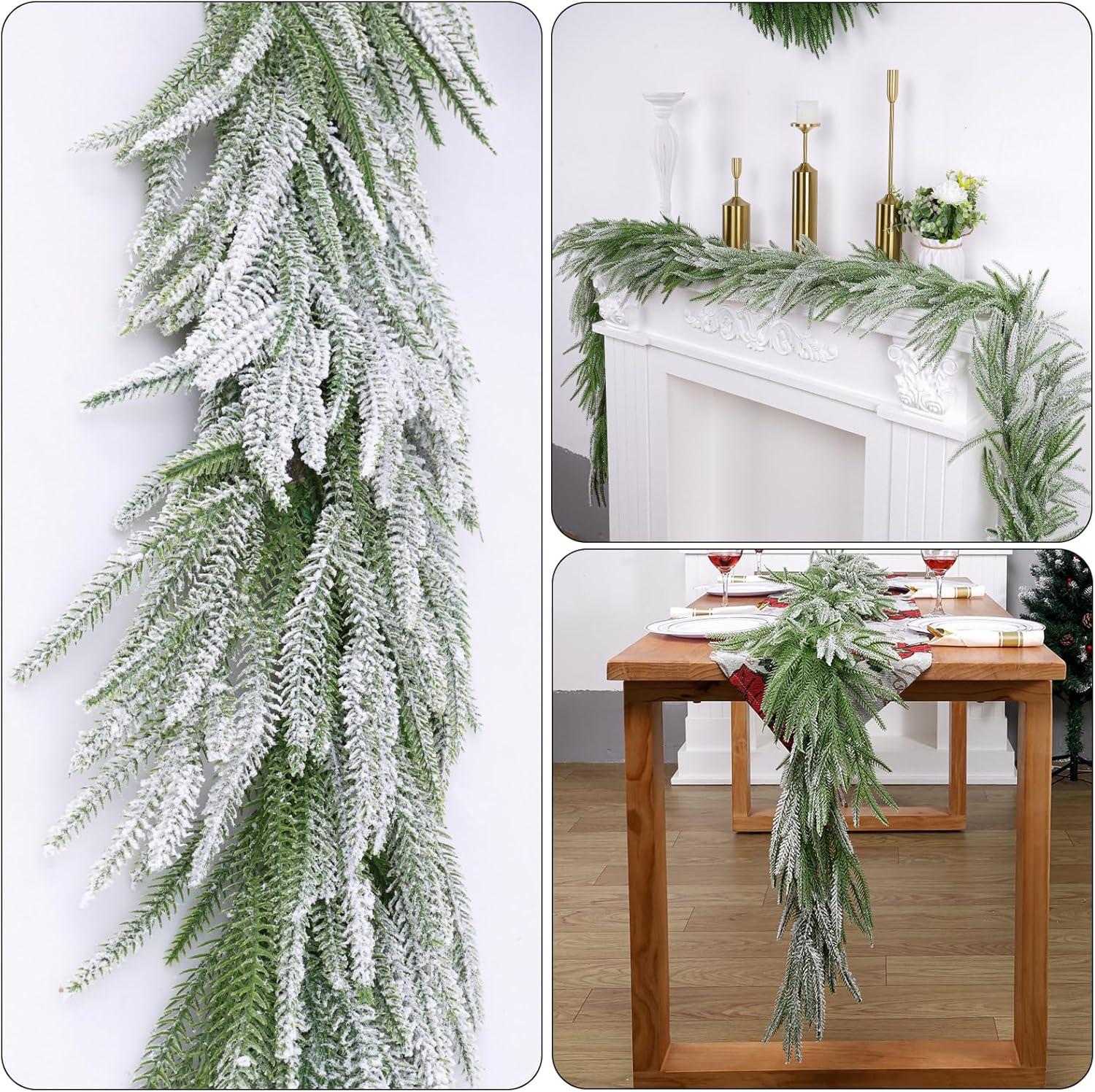 6 ft Green Artificial Pine and Eucalyptus Garland with Snow Flocked Finish