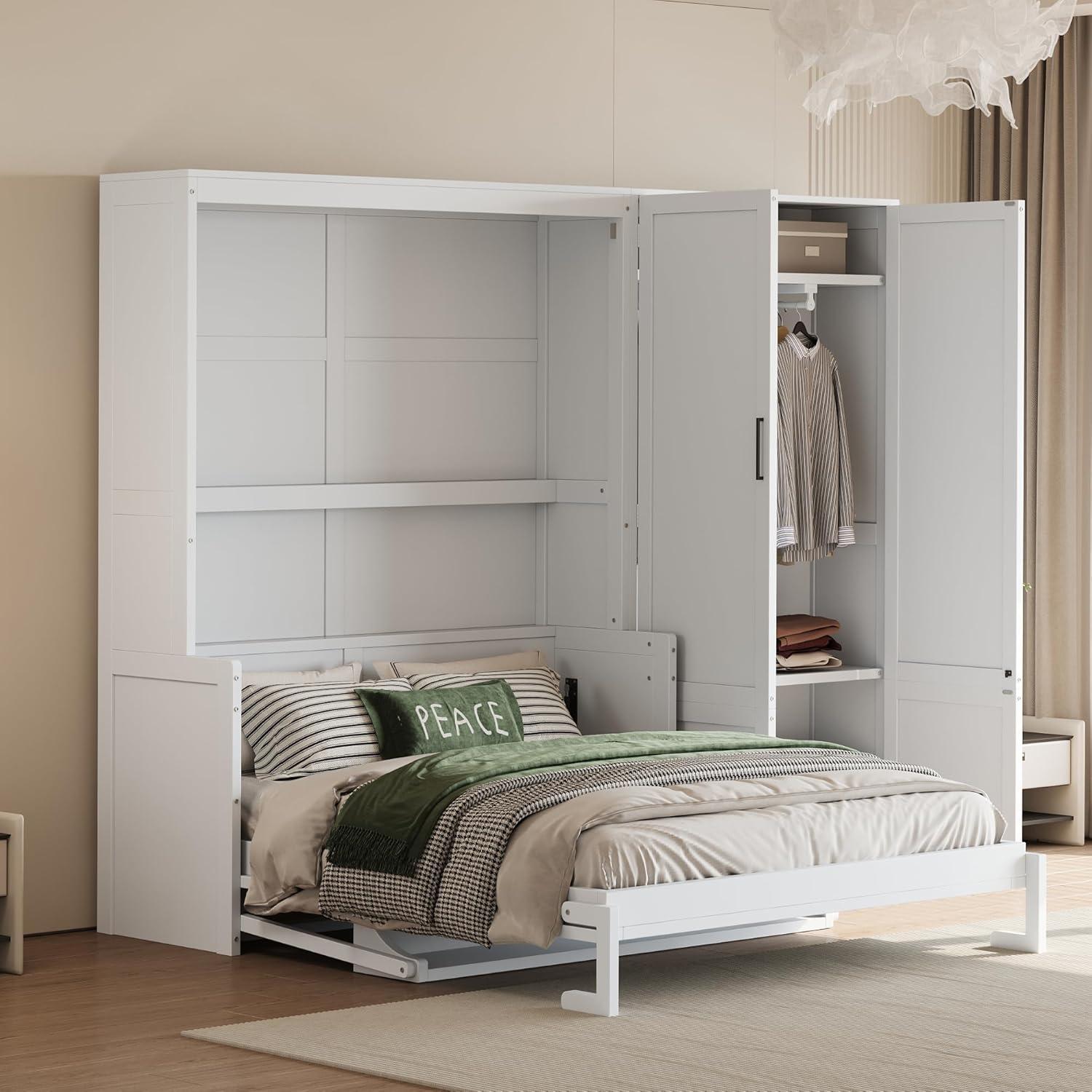 Murphy Bed with Closet and Wardrobe, Versatile Wall Bed, Foldable Murphy Cabinet, Queen Size, White