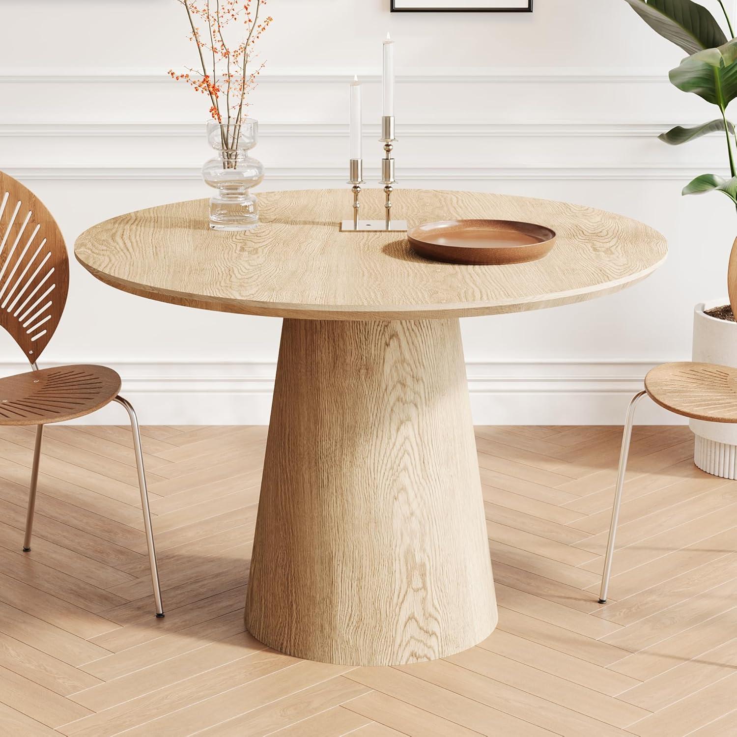 Round Dining Table for 4 to 6, 47.24" Modern Wood Kitchen Table Mid Century Circular Tabletop Curved Base Restaurant Furniture for Dining Room Kitchen Leisure Coffee Table, Oak