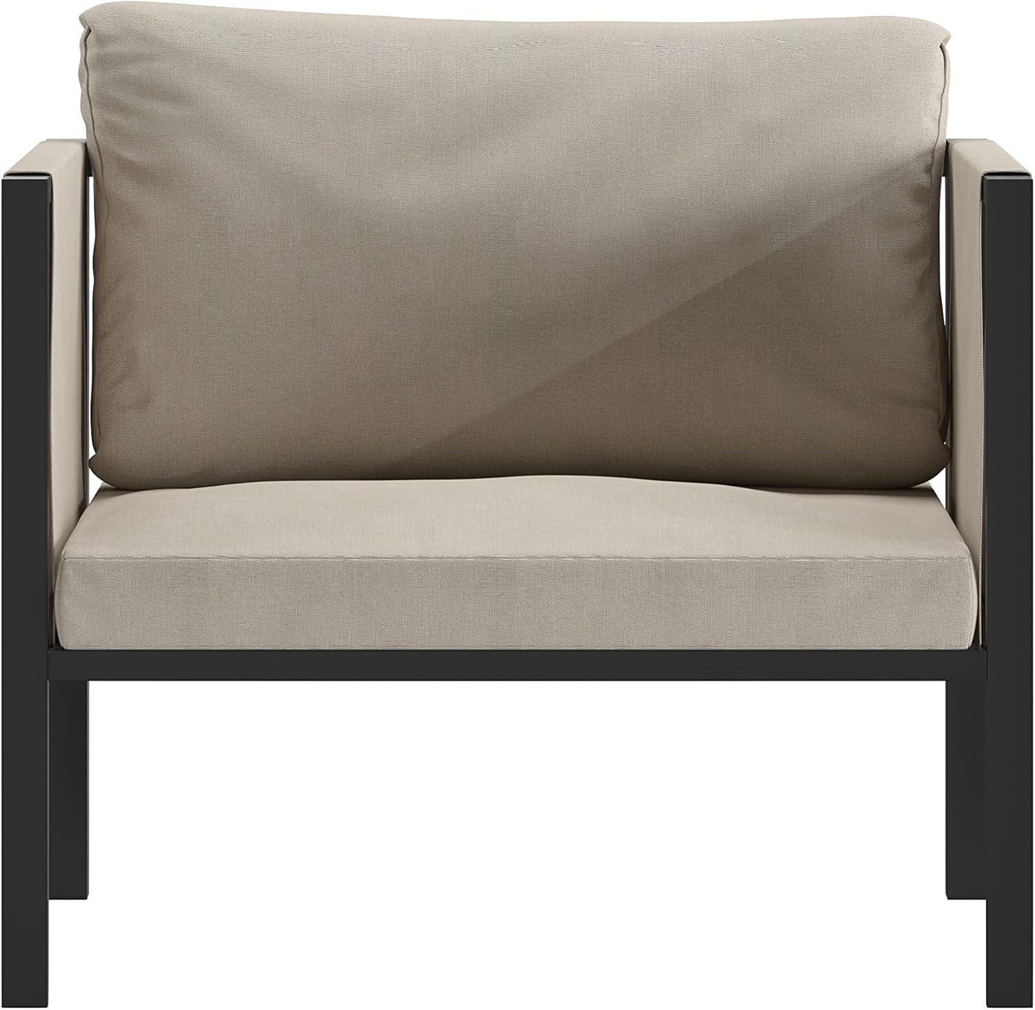Flash Furniture Lea Indoor/Outdoor Patio Chair with Cushions - Modern Steel Framed Chair with Storage Pockets, Black with Beige Cushions