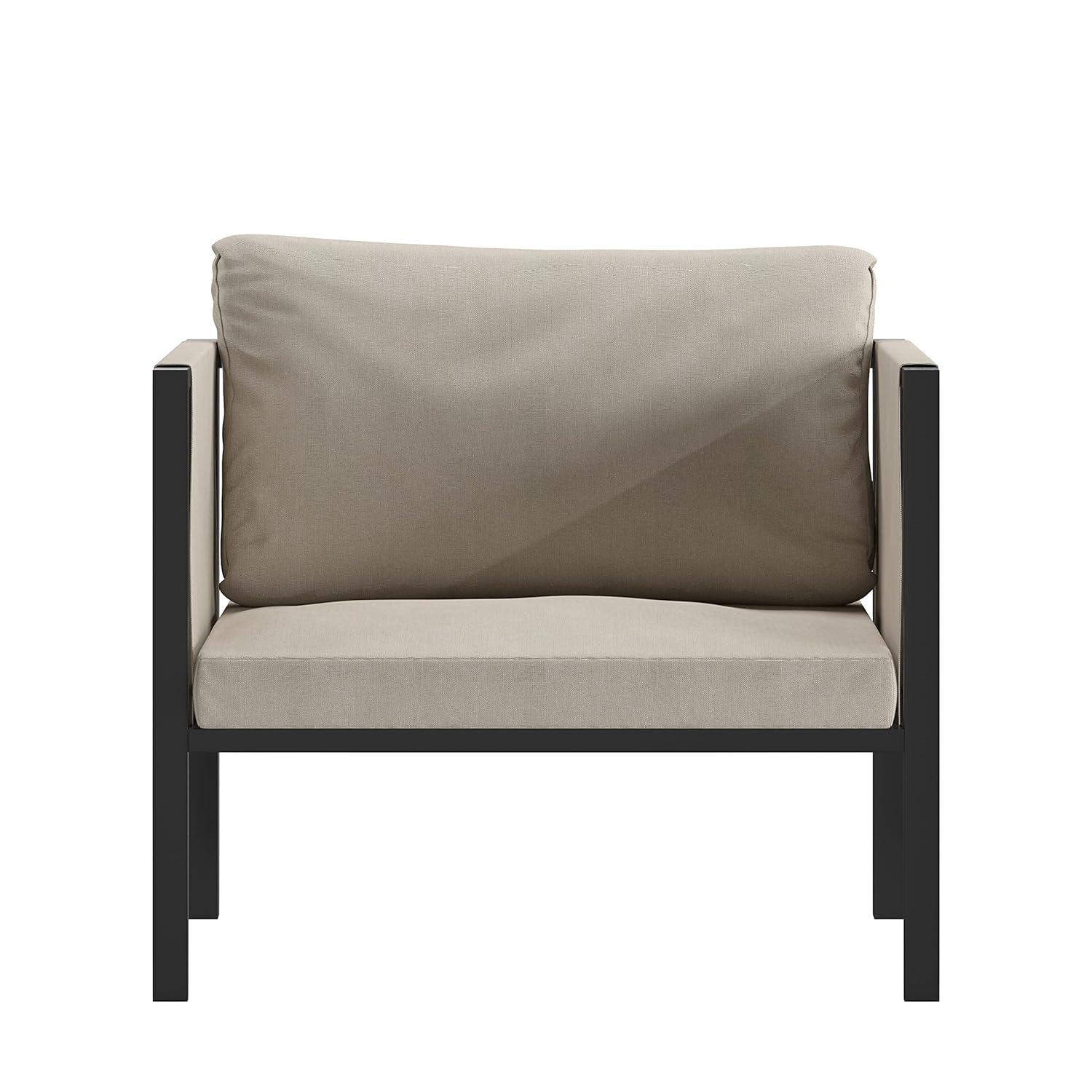 Flash Furniture Lea Indoor/Outdoor Patio Chair with Cushions - Modern Steel Framed Chair with Storage Pockets, Black with Beige Cushions