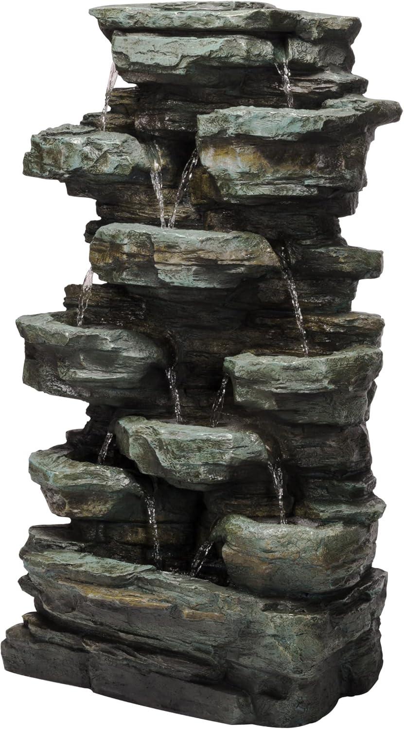 Gray Stone 39" Solar Powered Tiered Rock Fountain with LED Lights