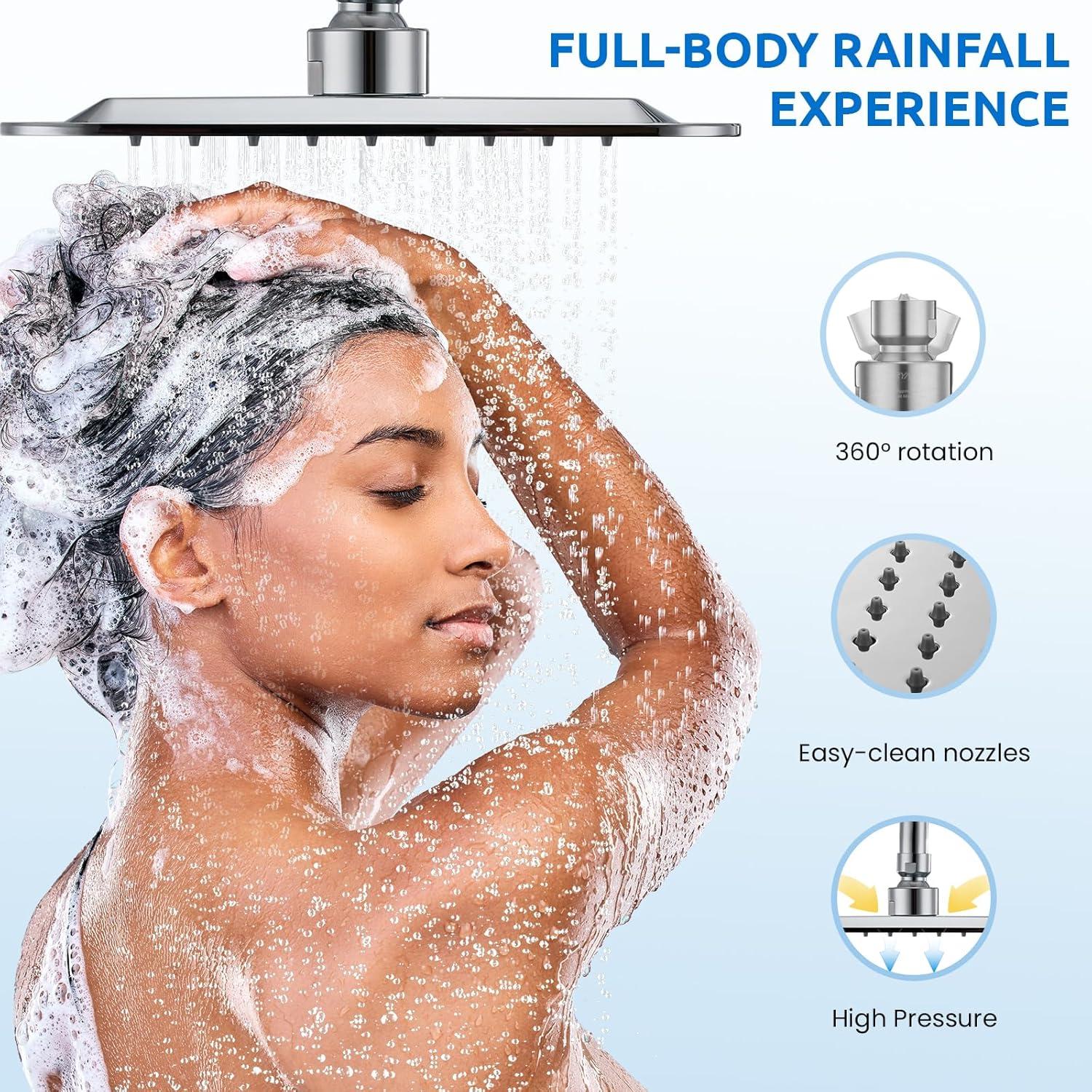 8" Dual Shower Head Combo, Rainfall Shower Head with Handheld, 6 Spray Settings Angle Adjustable Handheld Shower Head with Pause, Height Adjustable, Matte Black