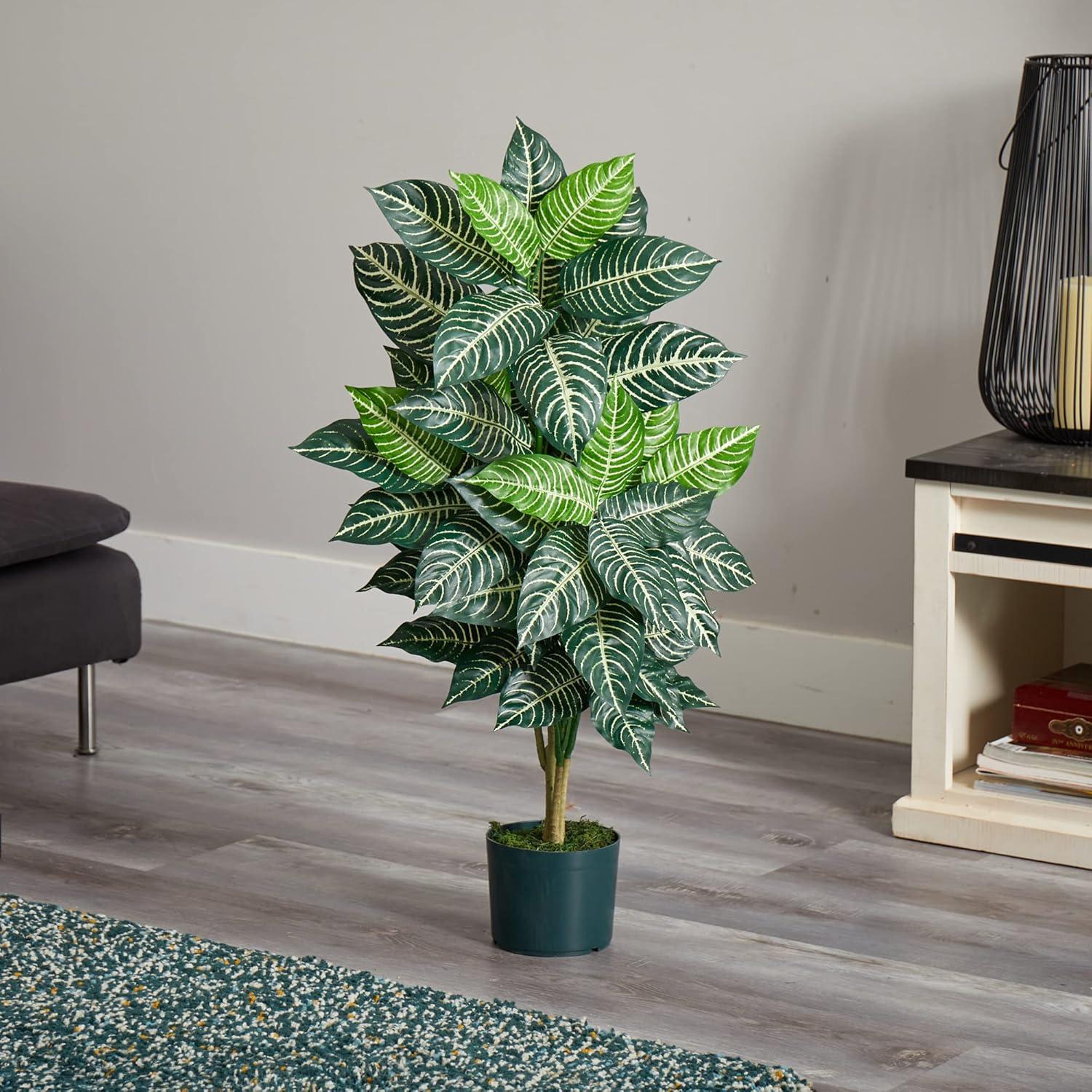 36" x 20" Artificial Zebra Silk Plant in Wicker Pot - Nearly Natural: Indoor Floor Plant Decoration