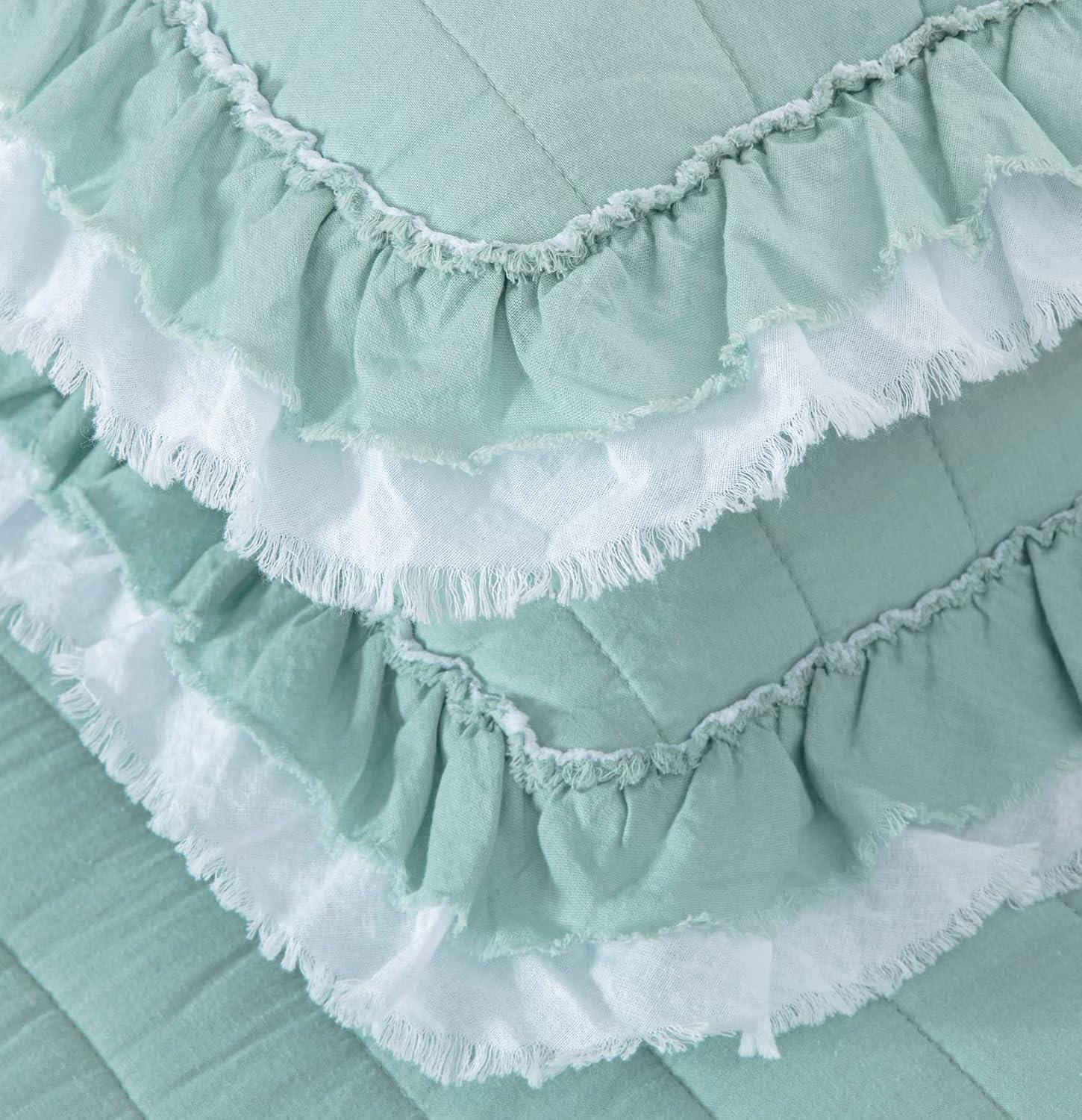 Chezmoi Collection Bonnie 3-Piece 100% Cotton Quilt Set King Size, Aqua - Double Frayed Ruffled Edge Lightweight Pre-Washed Soft-Finished Cotton Bedspread for All Season