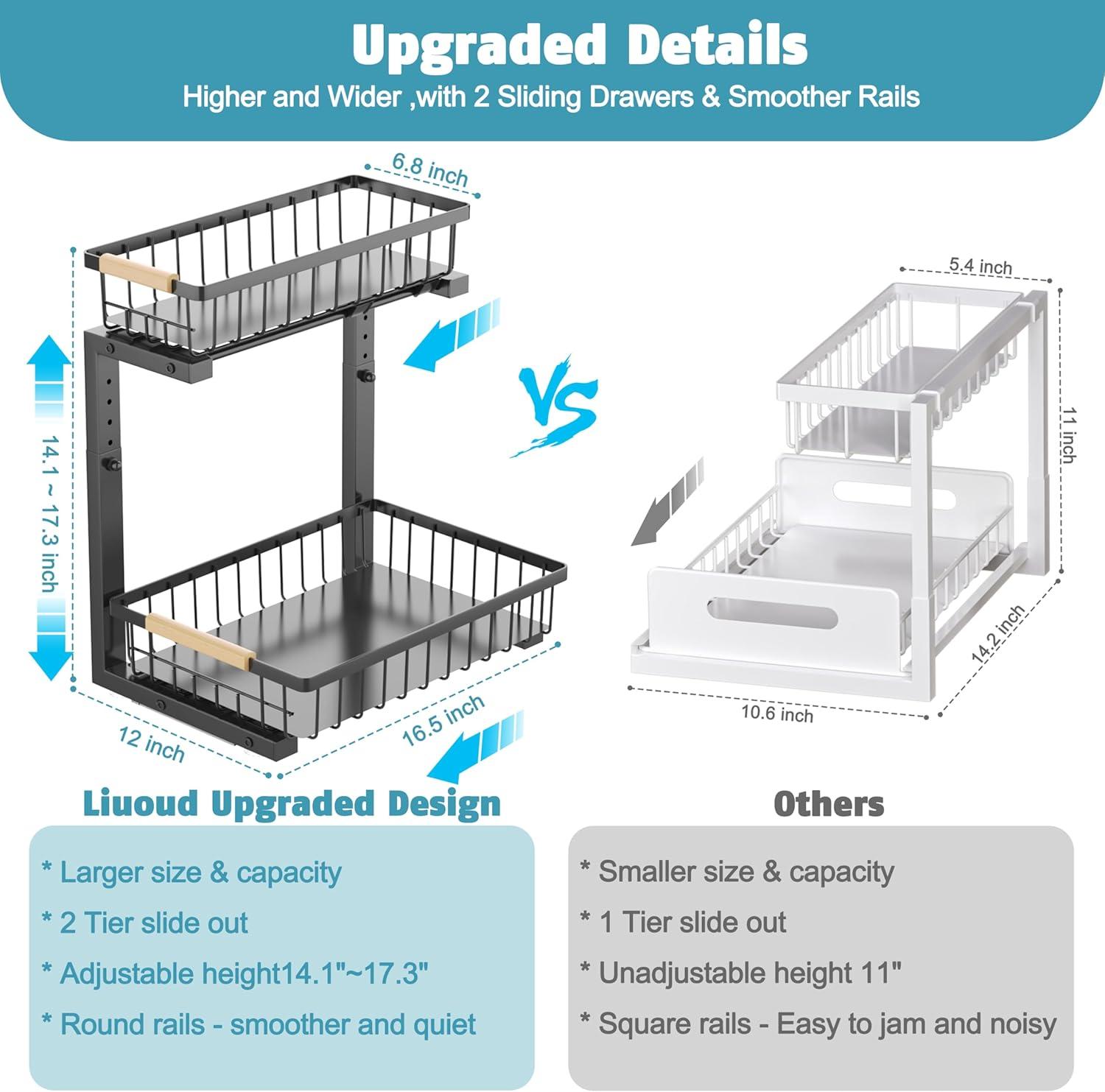 DELAMU 2 Pack Under Sink Organizers and Storage, Pull Out Trash Can Under Cabinet, 2 Tier Bin Organizer with Hooks and Haning Cups, Multi-Purpose Sliding Under Cabinet Organizer