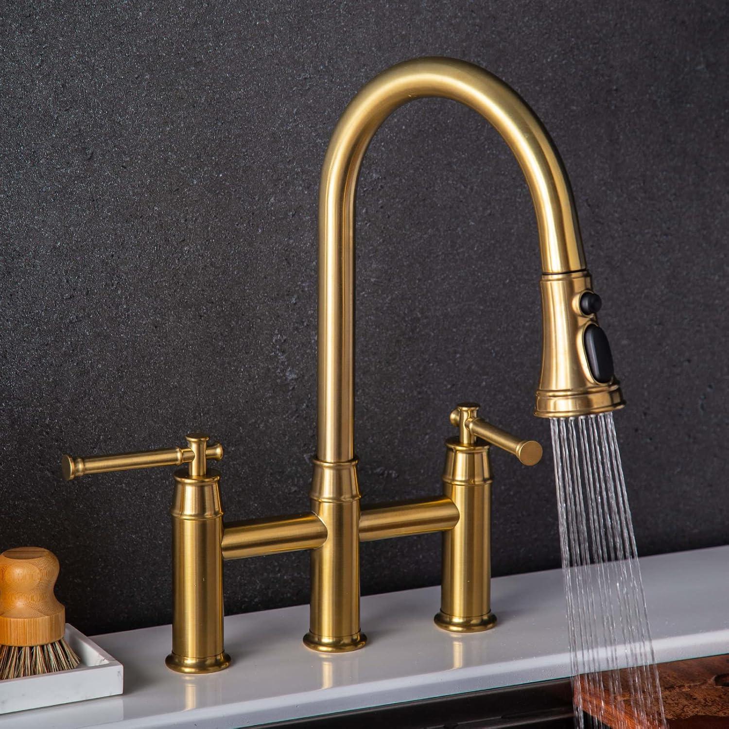 Brushed Gold Brass Bridge Kitchen Faucet with Pull-Out Spray