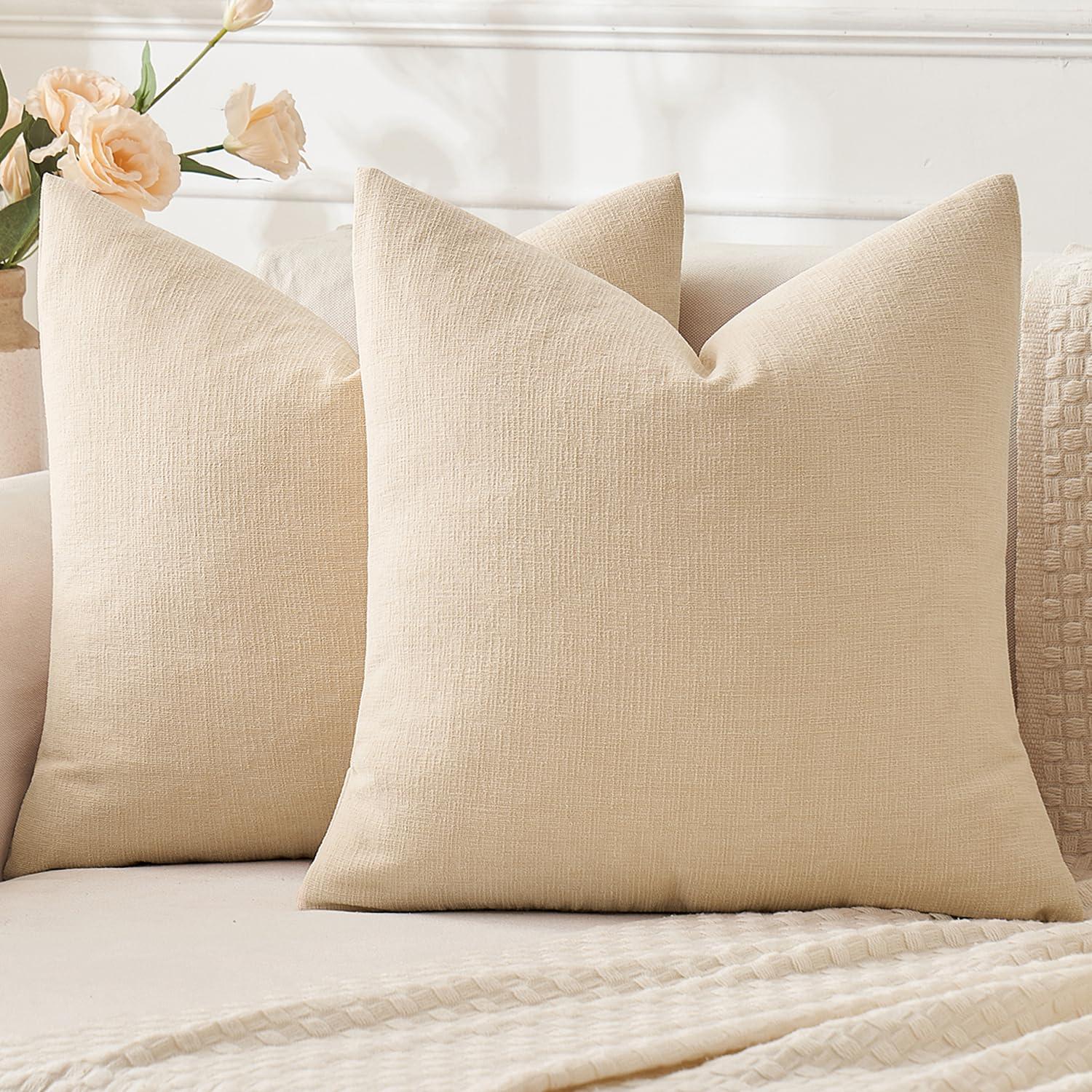 MIULEE Beige Couch Pillow Covers 16x16 Inch, Set of 2 Soft Chenille Decorative Square Throw Pillow Covers Farmhouse for Sofa Living Room Bed