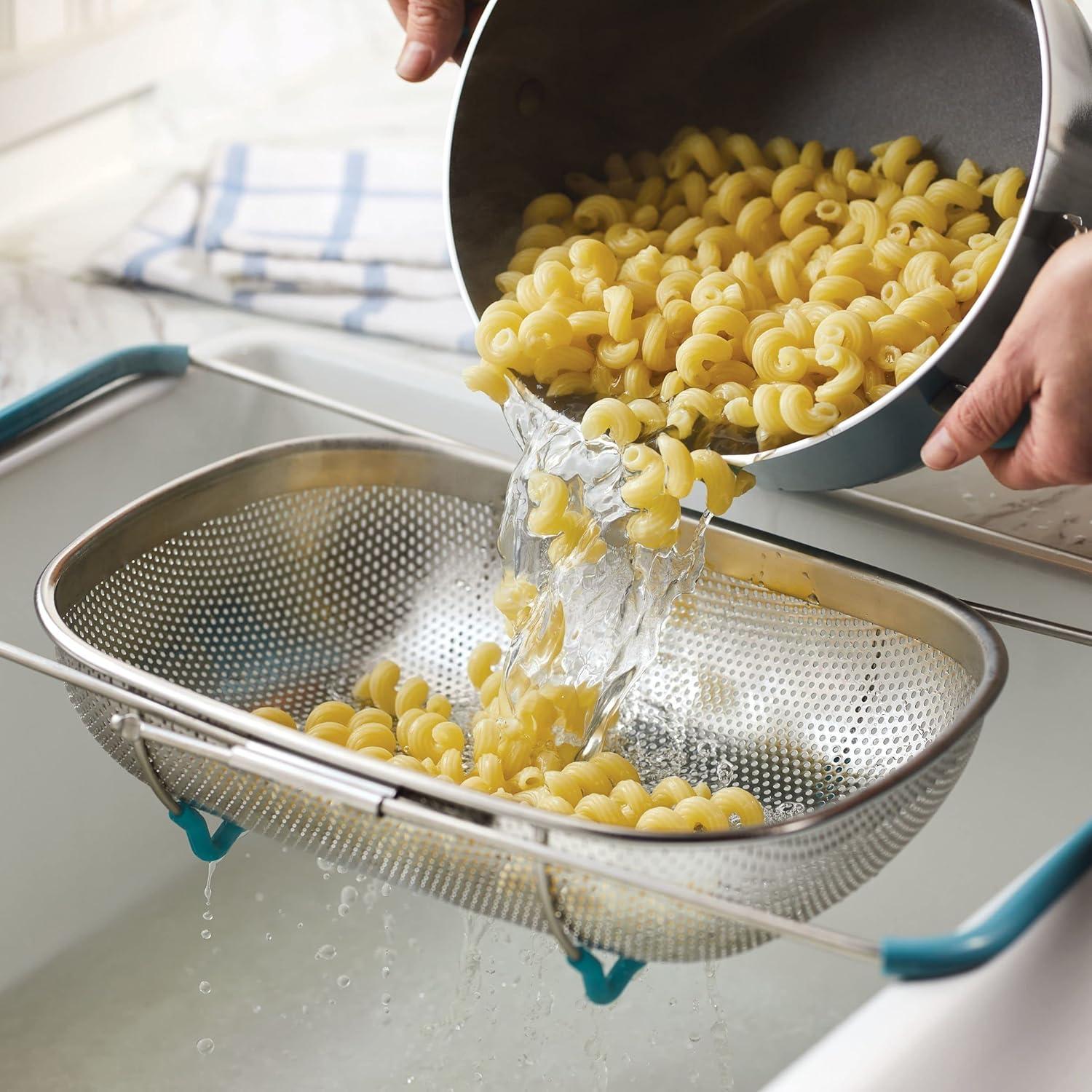 Rachael Ray Tools and Gadgets Over-the-Sink Stainless Steel Colander, 4.5 Quart, Agave Blue Handles