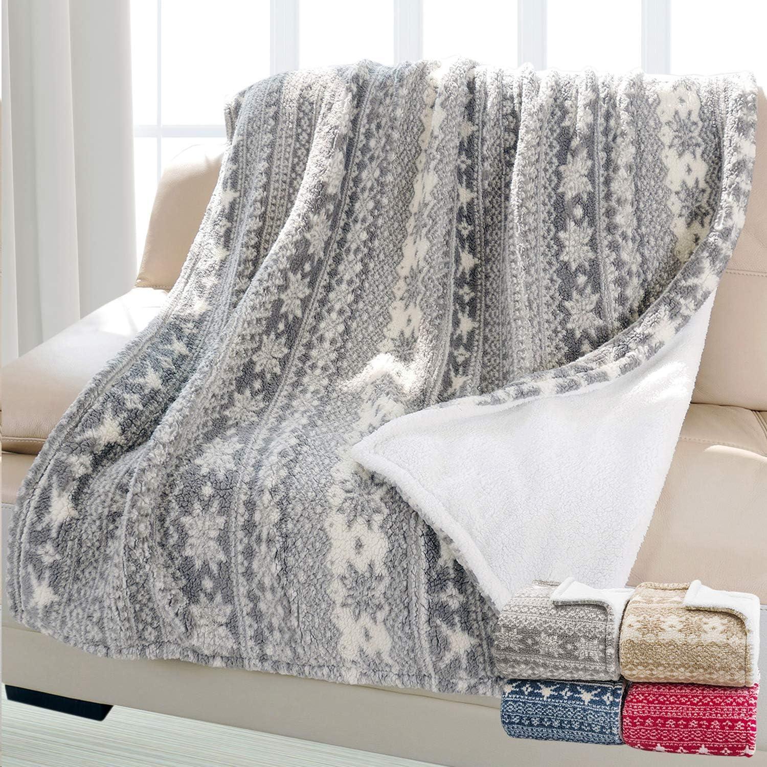 Grey Snowflake Sherpa Fleece Reversible Throw Blanket 50" x 60"