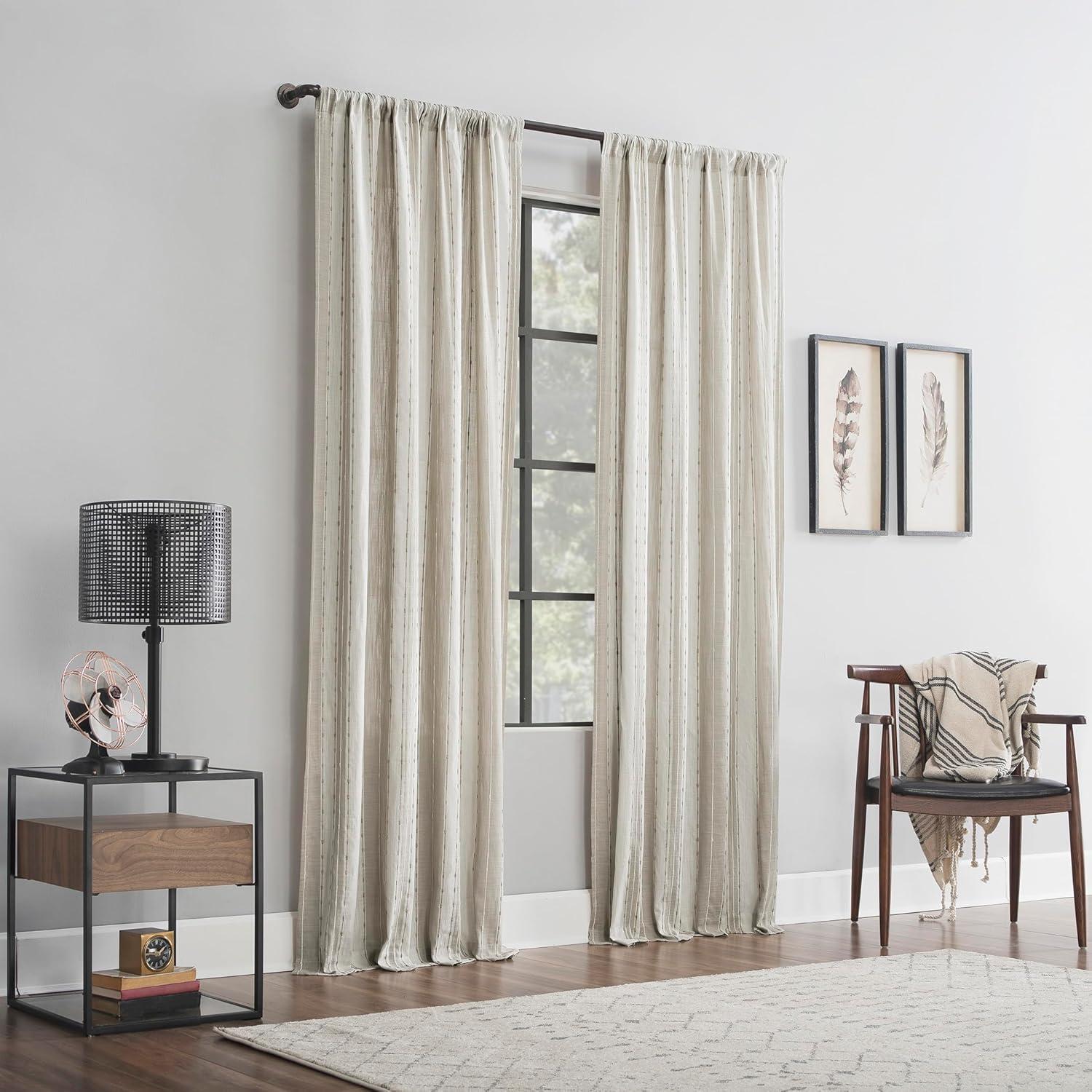 84"x52" Slub Texture Stripe Cotton Light Filtering Curtain Linen/White: Modern Rod Pocket Panel - Archaeo