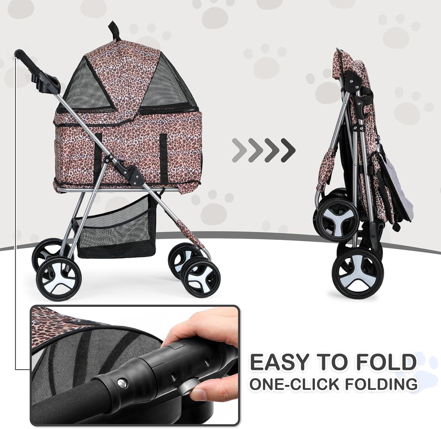 MoNiBloom Folding Pet Stroller, Foldable Dog Jogger Stroller with Detachable Carrier, Basket and Cup Holder