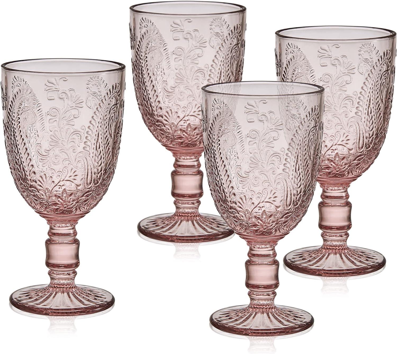 Blush Pink Embossed Glass Goblet Set of Four