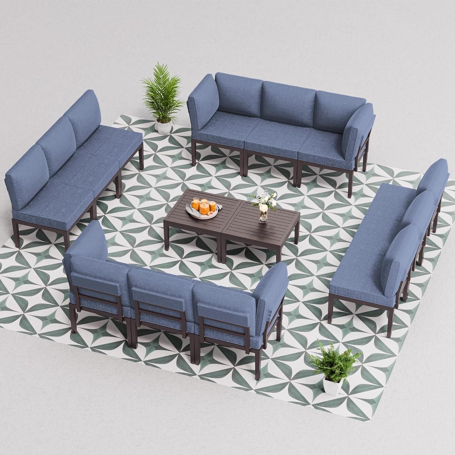 Navy Blue 14-Piece Iron Patio Sectional Set with Cushions