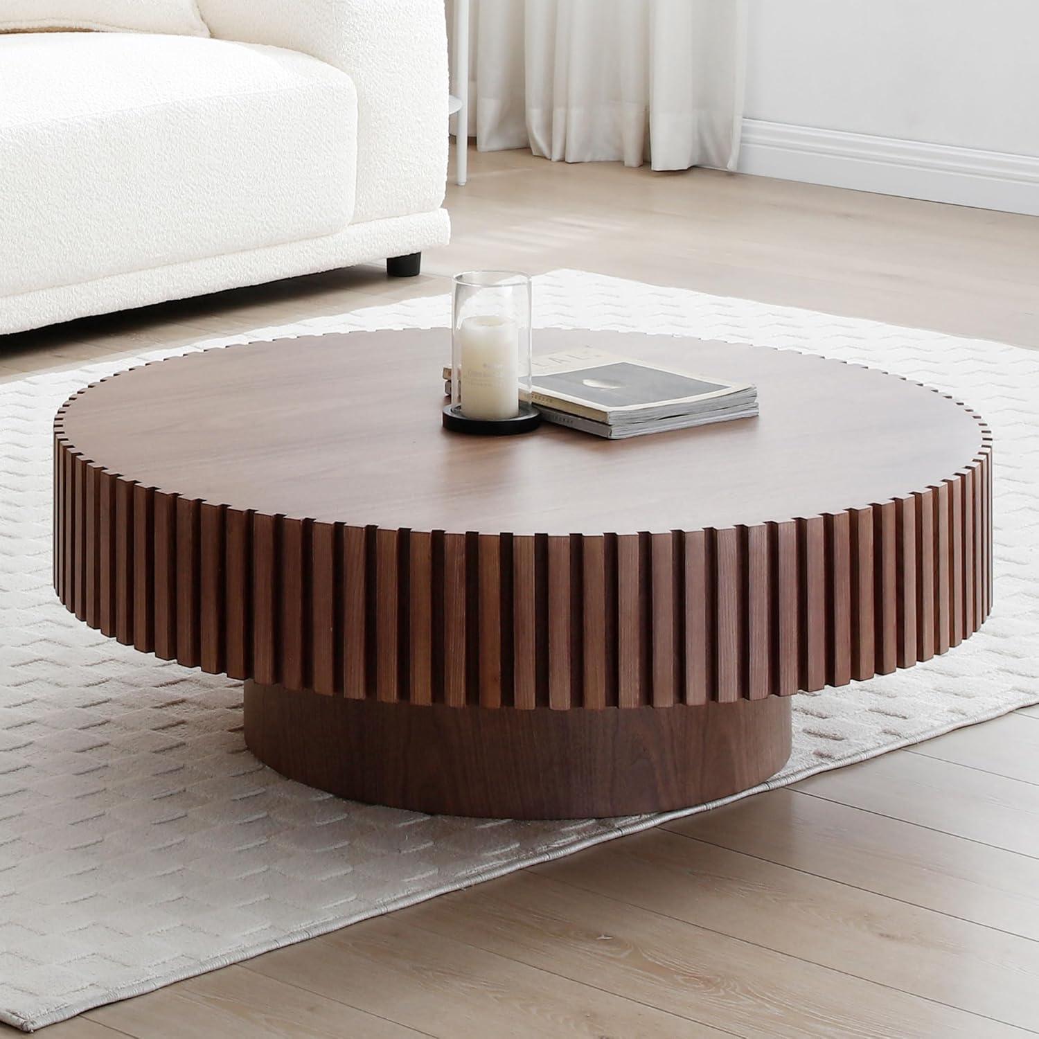 31.49'' Round Coffee Table, Wood End Table for Living Room, Modern Contemporary Circle Fluted Drum Side Table, Easy Assembly for Small Space, Walnut