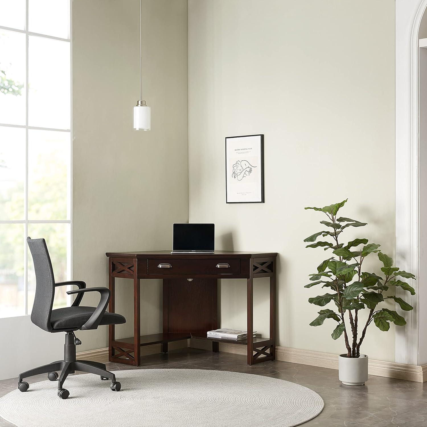 Leick Home 81430 Corner Computer/Writing Desk with Drawer and Shelf, Made with Solid Wood, Chocolate Oak