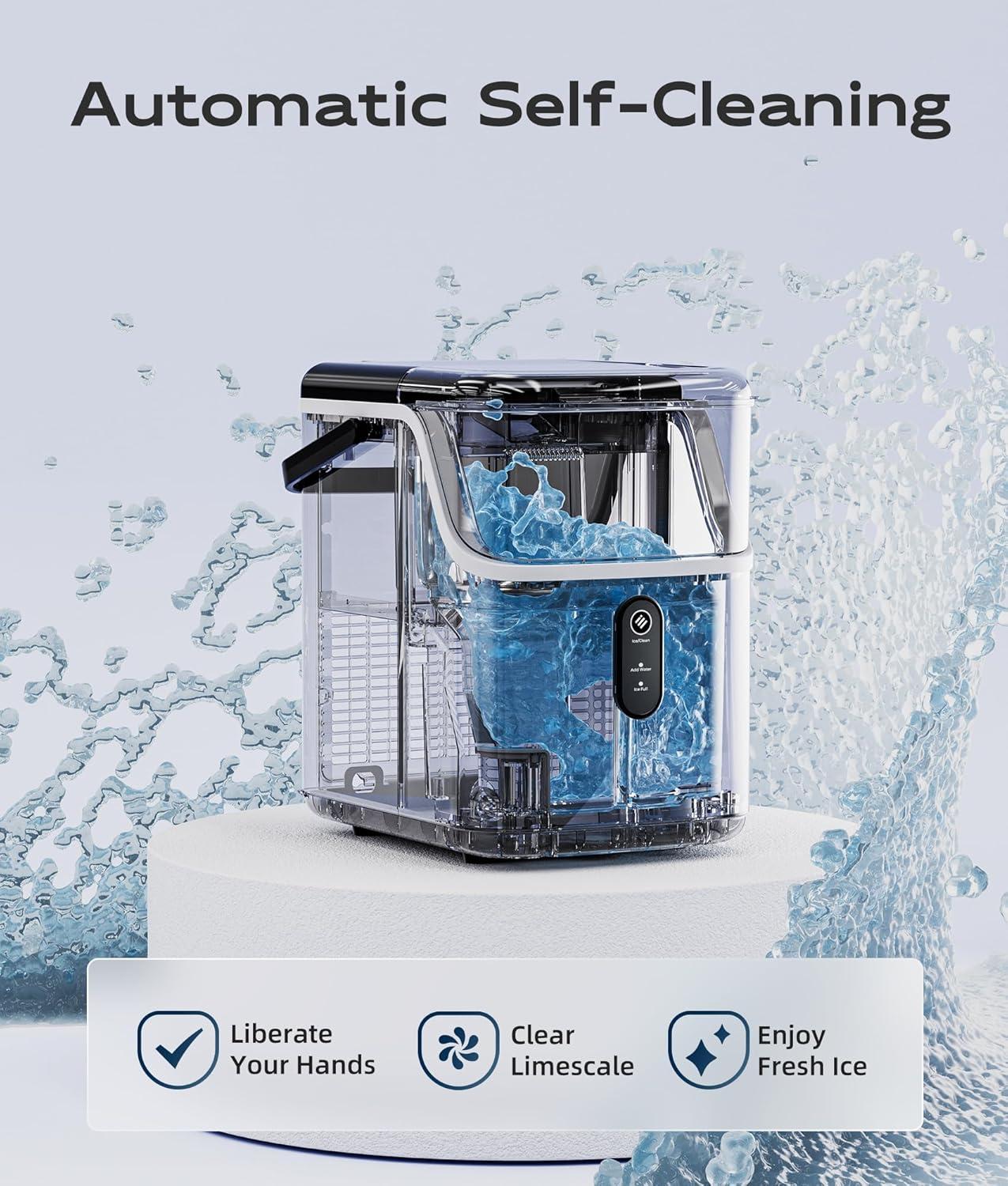 ecozy Nugget Ice Maker Countertop, Ice Maker with 33 lbs/24H, Crushed Pellet Ice Cubes, One-Click Operation Ice Machine with Self-Cleaning, for Party/Kitchen/Bar/Office, Stainless Steel