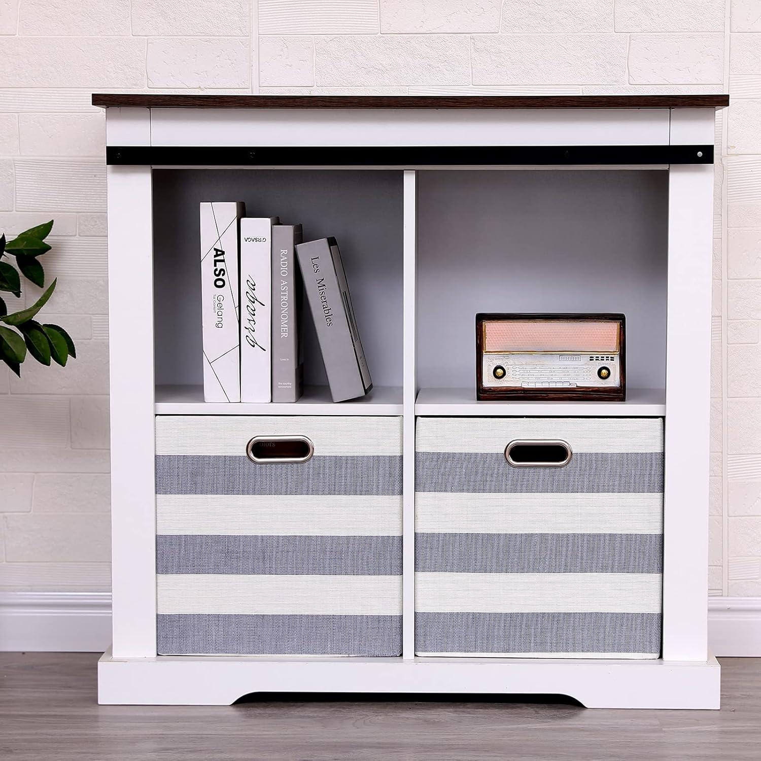 Cube Storage Bins 13×13 Fabric Foldable Box with Handles, Collapsible Organization Basket Set of 4 Large Capacity Drawer for Closet Shelf Cabinet Bookcase Bedroom, Grey-white Stripes