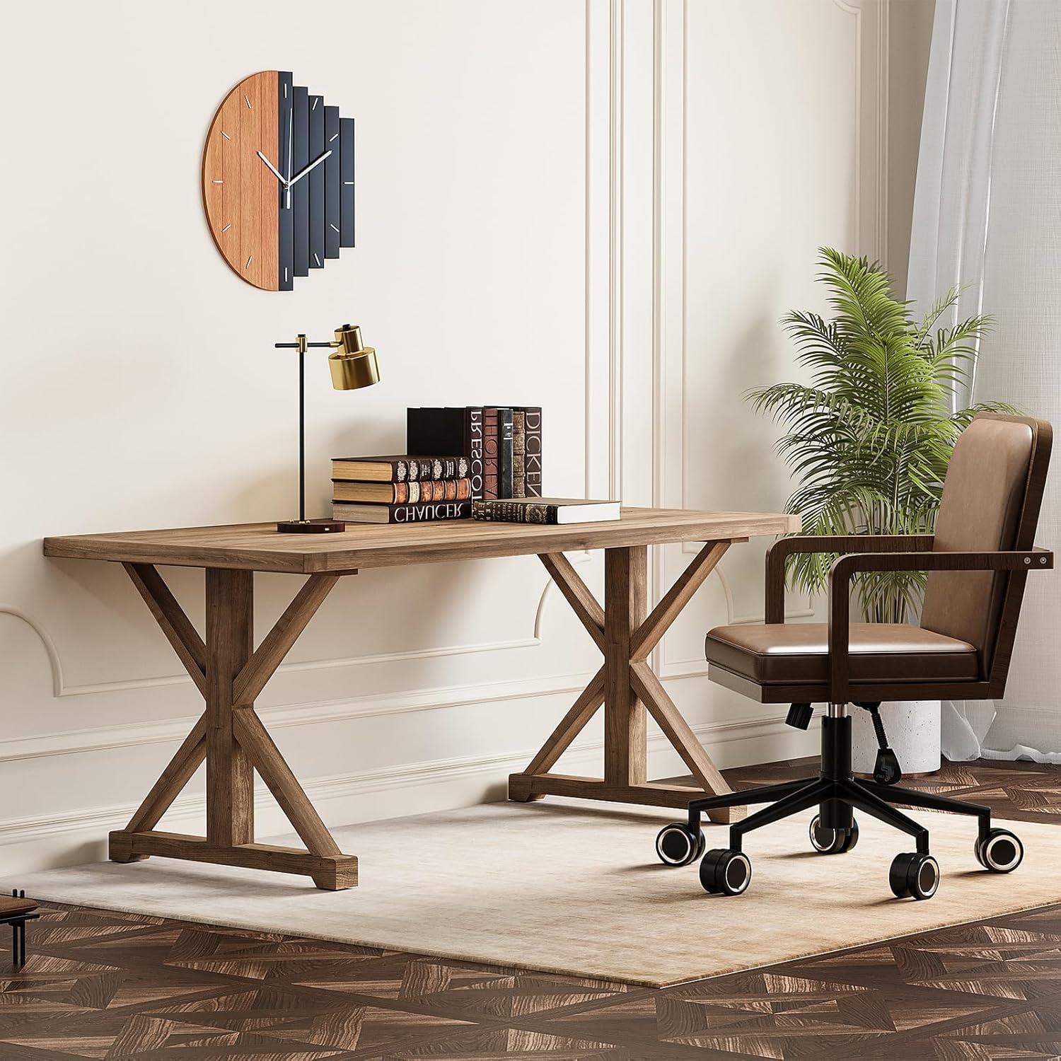 Rustic Farmhouse Computer Desk In Natural With Trestle Base Wooden Office Desk